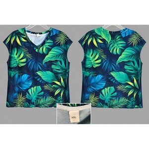 Vid 117. Women's XXL Tropical Monstera Leaf V-Neck Top Navy Green Blue